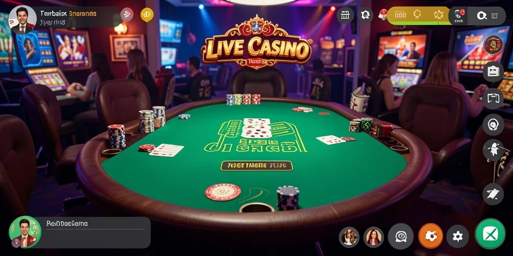 Screenshot gameplay Live Casino D06 menampilkan dealer dan meja permainan.