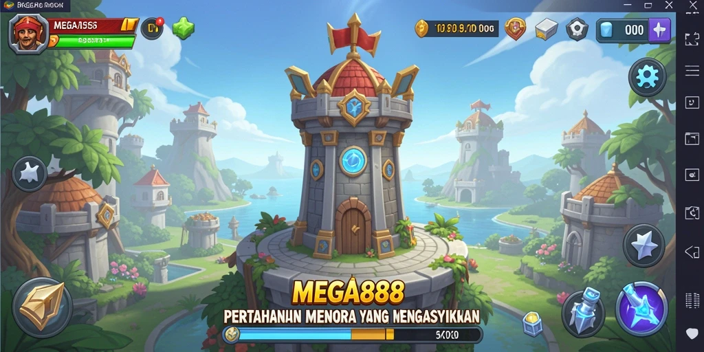 Tampilan gameplay <strong>MEGA888</strong> menampilkan pertahanan menara yang strategis dan serangan musuh.