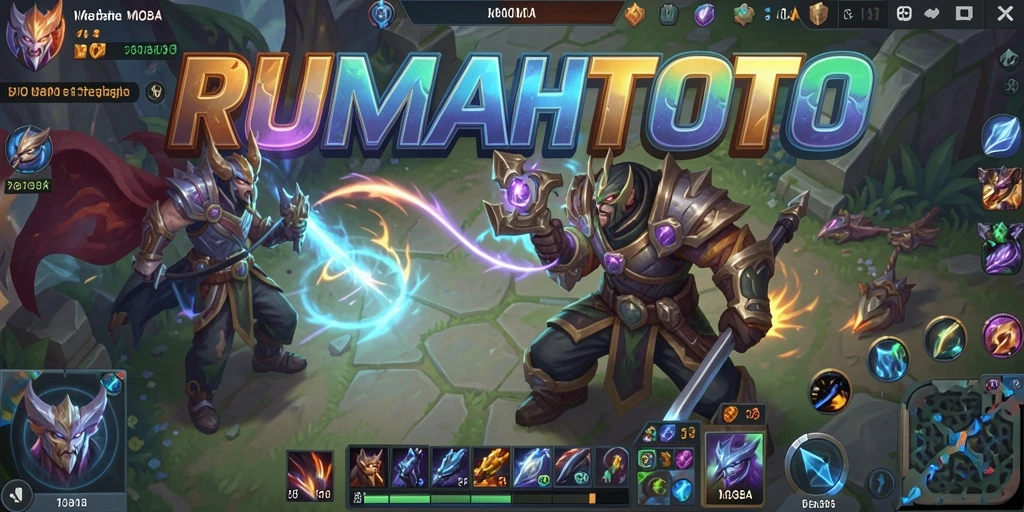 Screenshot gameplay RUMAHTOTO menampilkan pertarungan antar karakter MOBA yang seru.