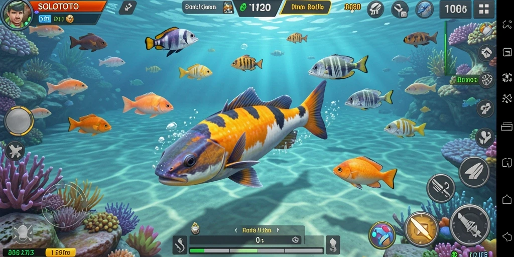 Screenshot gameplay SOLOTOTO dengan berbagai ikan menunggu untuk ditembak.